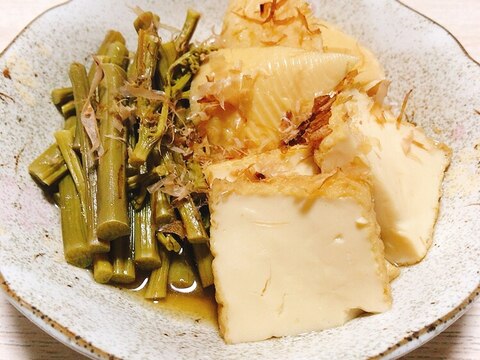 山菜で和風おつまみ☆わらびとたけのこと厚揚げの煮物